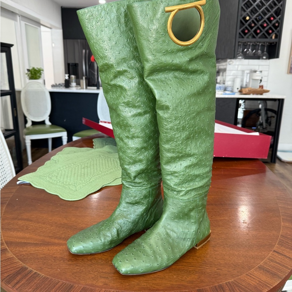 Green Ferragamo Knee high ostrich boots
